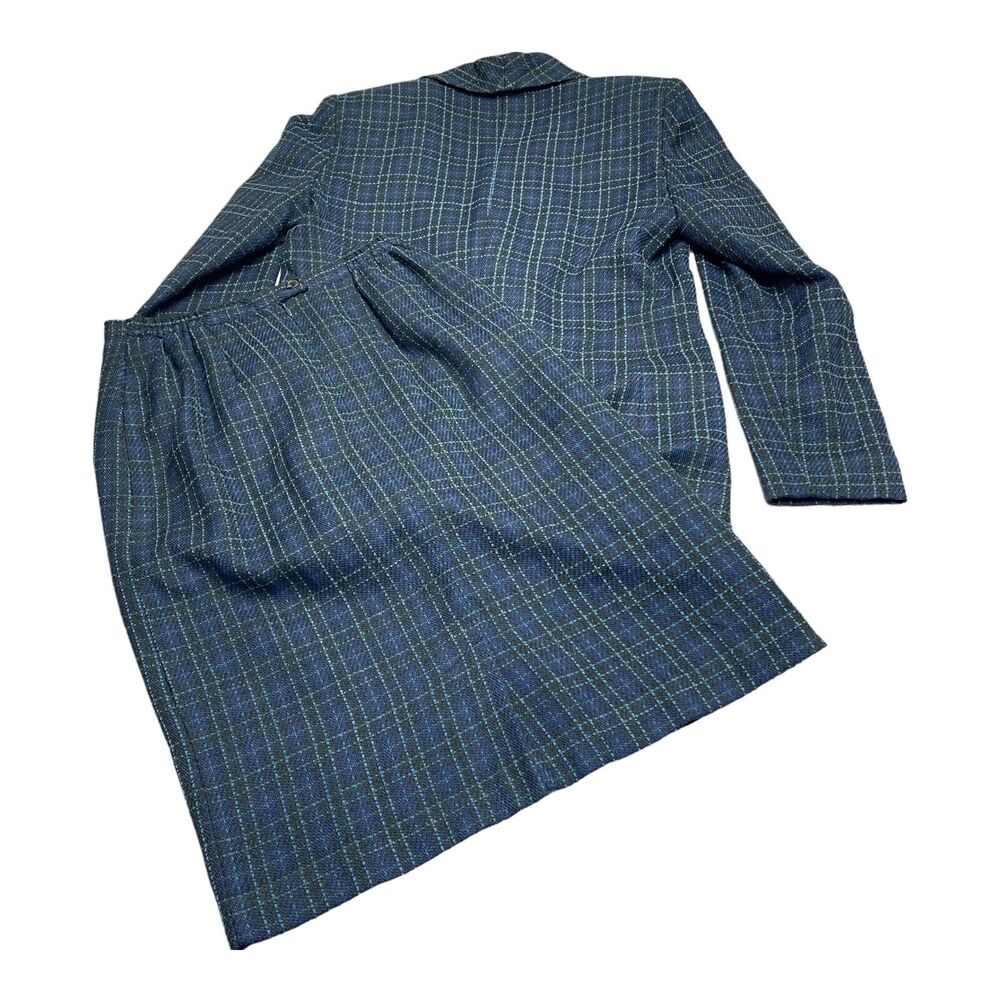 Adolfo Studio 2 Piece Skirt Suits Women's 6 Blue Plaid Polyester Double Breasted - Picture 2 of 16